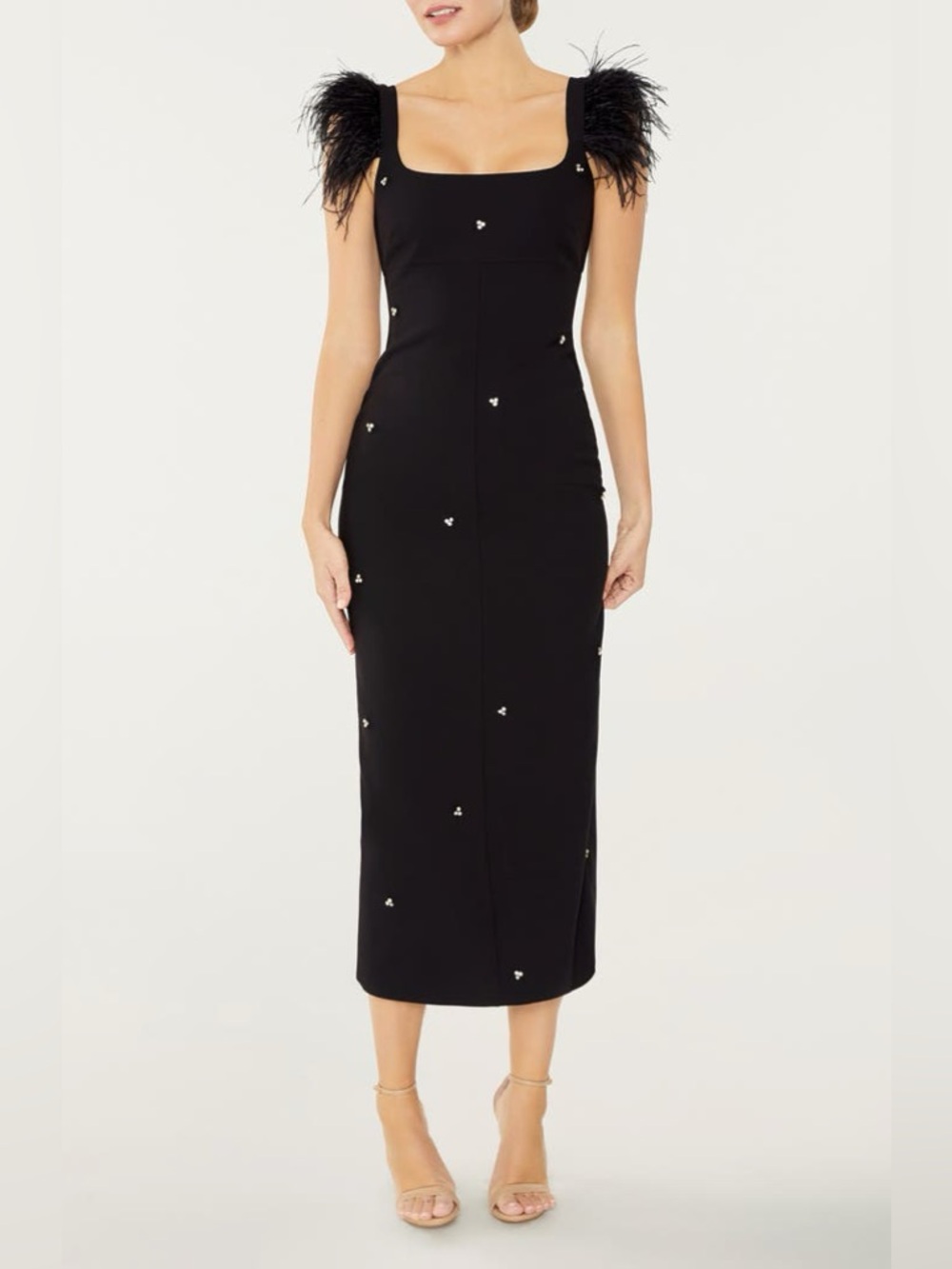 NWT Likely Cameron Black Feather-Trim Square Neck Dress